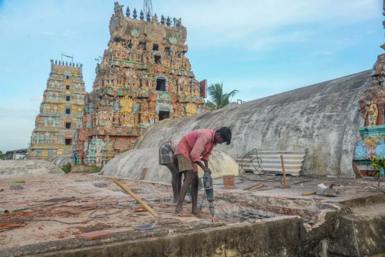 After 17 years, Kudamuzku work has started at Punnainallur Mariamman temple in Thanjavur.